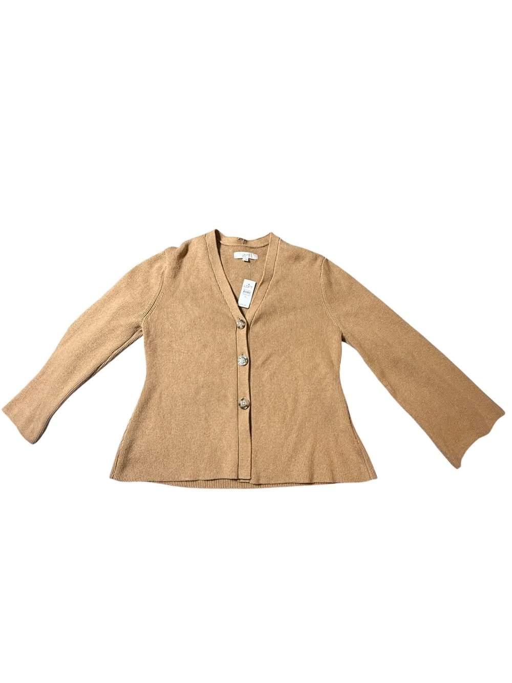LOFT Camel Ribbed V-Neck Flare Sleeve Button Cardigan Sweater Top XL NWT